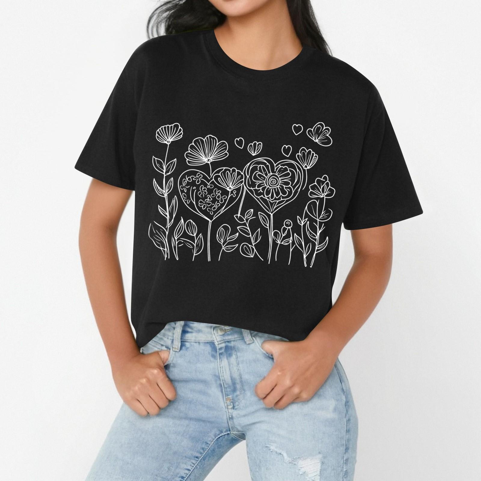 

Women s casual floral print loose T-shirt -neck pullover short-sleeved top L чёрный