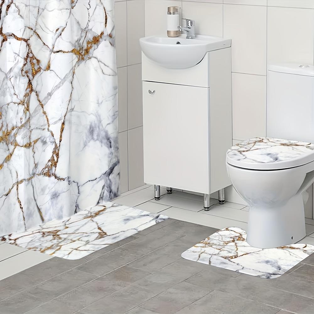 4-teiliges Badezimmer-Duschvorhang-Set Marmor Badezimmer-Vorhang mit 12 Haken Rutschfeste Teppiche Toilettendeckelmatte Badezimmer-Trennwand