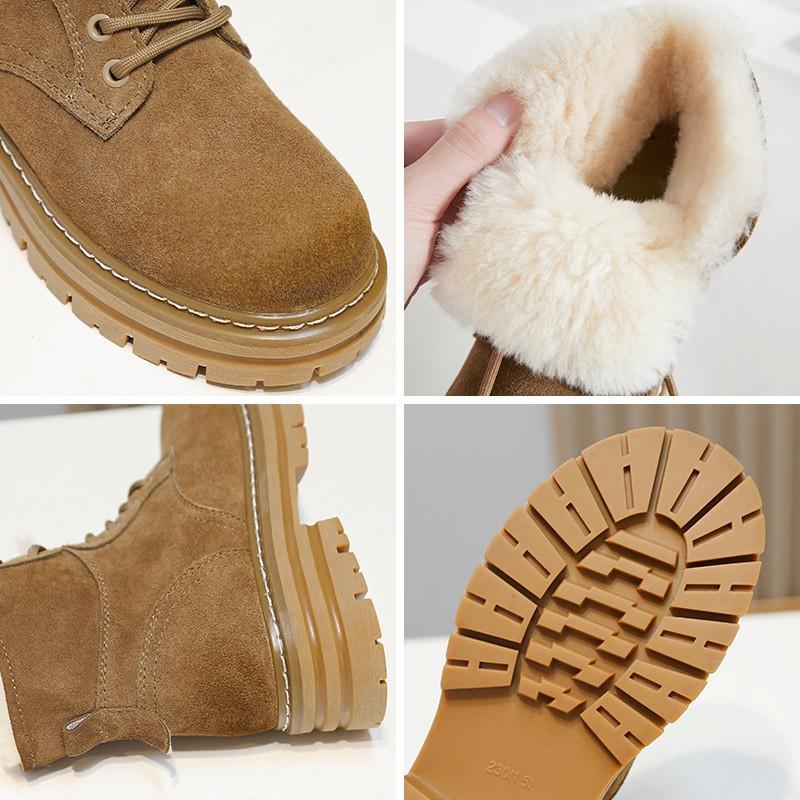Womens Winter Warm Faux Suede Martin Boots With Fleece Lining Chunky Sole Round Toe Lace-Up Mid-Calf
