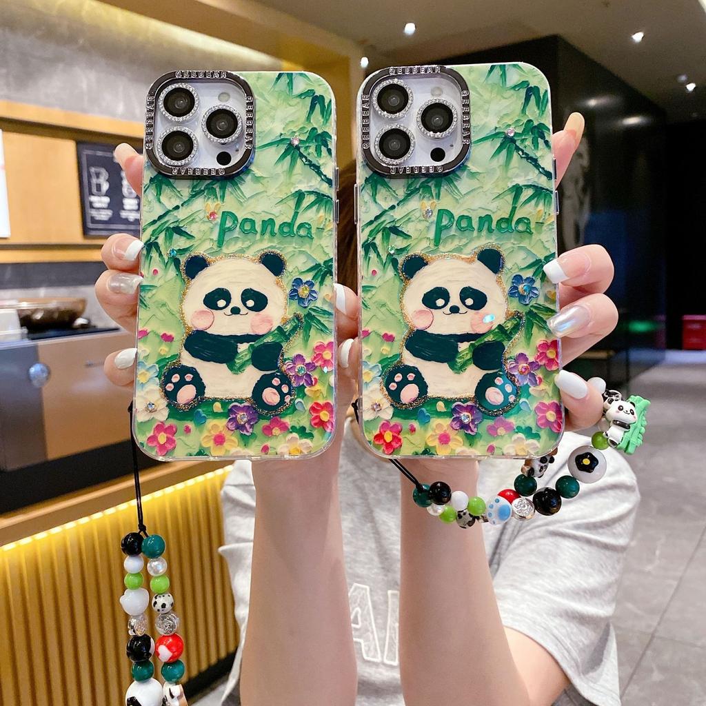 Cartoon Blue Light Panda Oil Painting Apple 15 Sparkling Diamond Lens Film Phone Case Suitable for IPhone14 Bead Bracelet