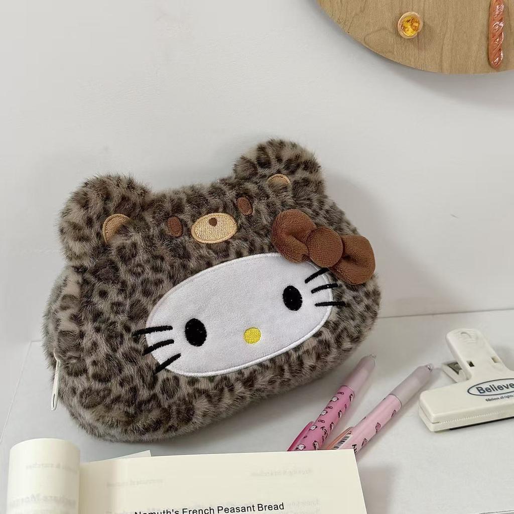 Leopard Print Kitty Pencil Case, Plush Cosmetic Bag, Stationery Box, Student Large-Capacity Storage Bag