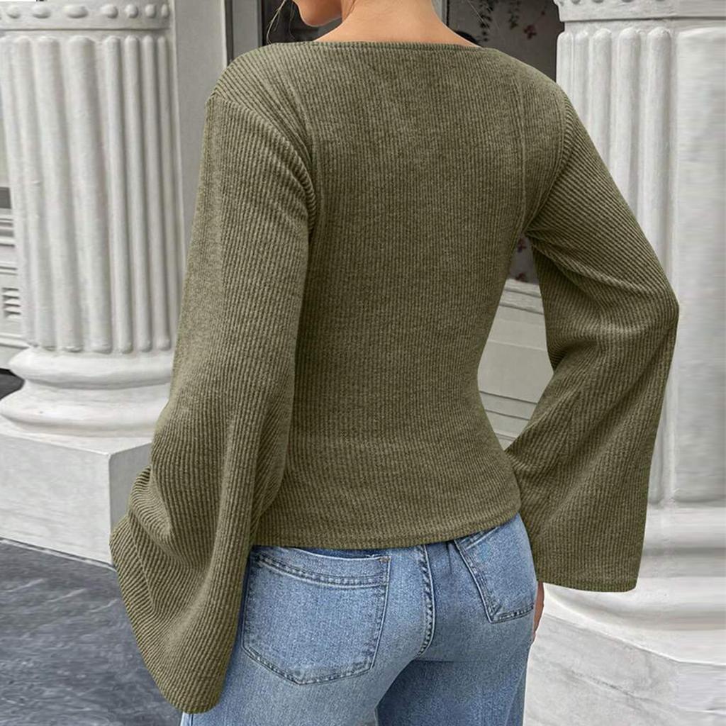 Women Ribbed Pullover Long Sleeve Casual Top Boat Neck Flared Sleeve Stretch Knit Shirt Slim Fit