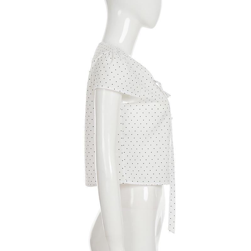 Chemise à Bretelles à Pois Français - Haut d'Été Mignon Coupe Ajustée Manches Courtes