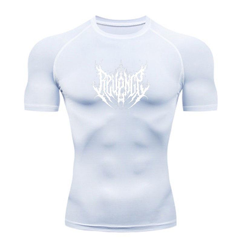 Men's Compression Workout T-Shirt, Spiky Deathmetal Font Print Quick Dry Breathable Athletic Shirt for Gym Running Train