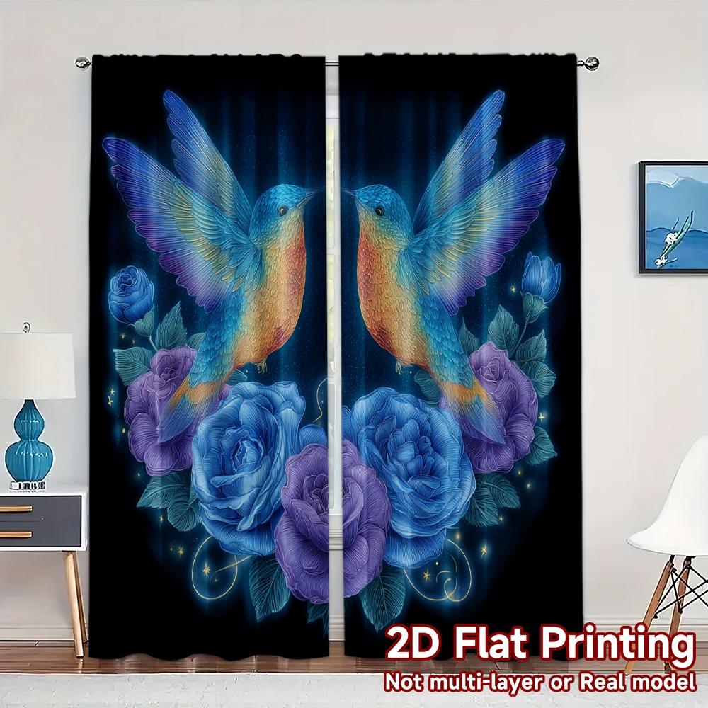 

Set Of 2 Modern Flat Printing Curtains Without Rod Floral Hummingbird Dance Fashionable Curtainments During Ramadan Holiday Curtain Polyester W100*H70(CM)-Hooks&2PCS