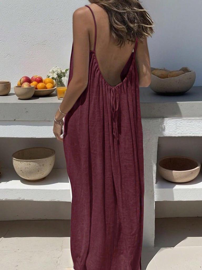 Backless Strappy Long Ice Silk Crinkle Dress - Summer 2026 Solid Color Shirring Beach Vacation Women's Clothing