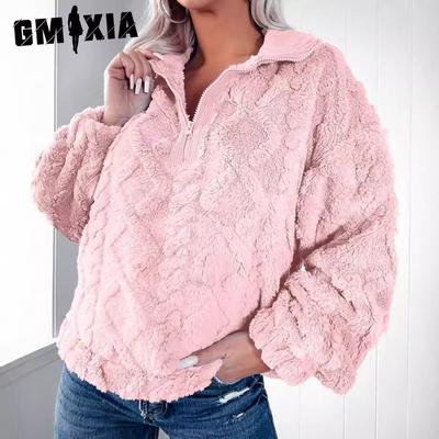 Outono Inverno Simples Cor Sólida Meia Zíper Gola Alta Solto Pelúcia Pulôver Moletom Com Capuz Suéteres