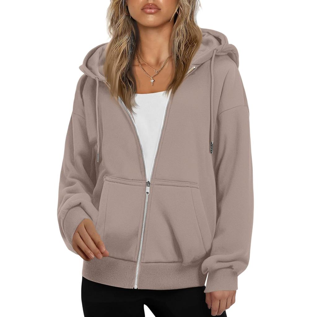 Moletom Casual Feminino da Moda Oversized com Capuz e Jaqueta de Cor Sólida com Zíper