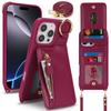 Applicable To iPhone16 Mobile Phone Case 16Pro Solid Color Zipper Change Bag Insert Card Ring Bracket Oblique Span Protective Case