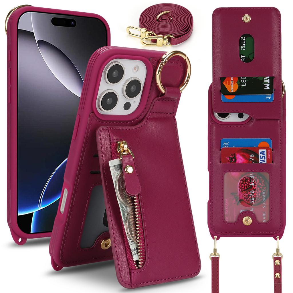 Applicable To iPhone16 Mobile Phone Case 16Pro Solid Color Zipper Change Bag Insert Card Ring Bracket Oblique Span Protective Case
