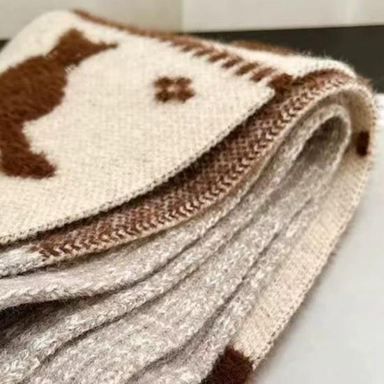 Women Scarf Cartoon Cat Design Arctic Fleece Warm Soft Universal Size Long Scarf Casual Clothing Accessory