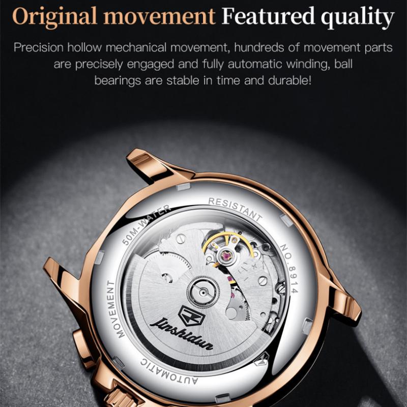 JINSHIDUN Neue Business- und Freizeit-Herrenuhr Multifunktionale Duale Kalenderanzeige Vollautomatische Mechanische High-End-Herrenuhr