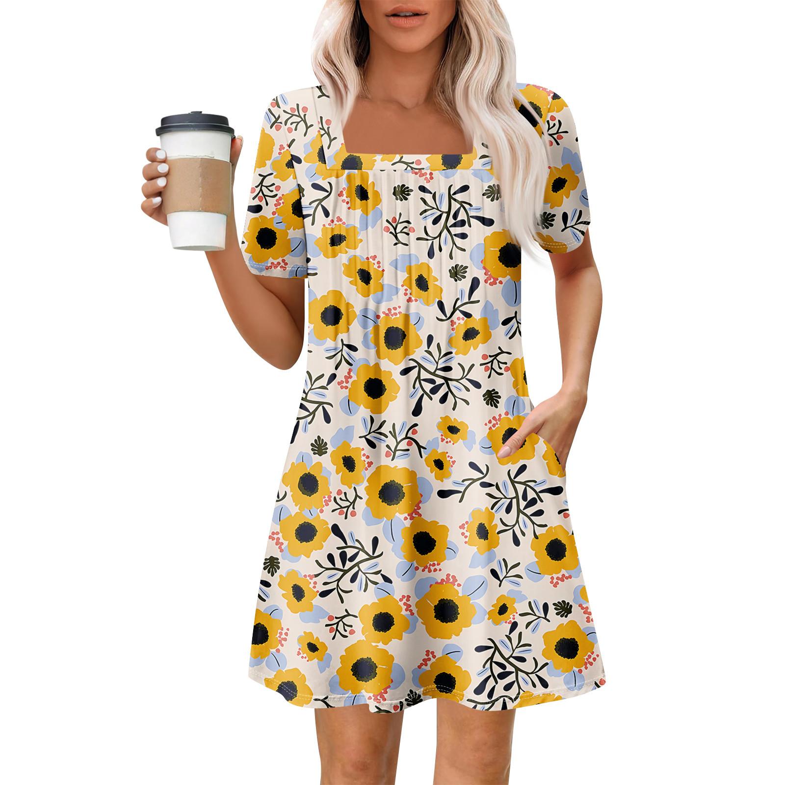 

Женские летние повседневные платья с квадратным вырезом, плиссировкой спереди и карманом, с короткими рукавами и принтом XXXL бежевый