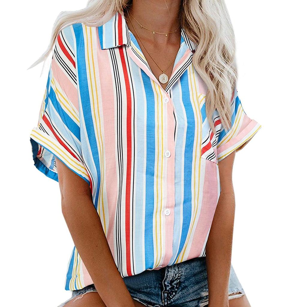 Women Casual Stripe Print V-neck Pocket Short  Sleeve Tops Blouse T-shirt
