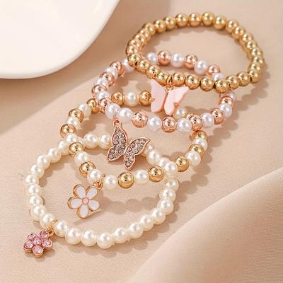 4PCS Women's Zircon Set Fashion and Leisure with Diamond Flower Butterfly Bracelet Set, Suitable for Daily Wear, Gift for Frien