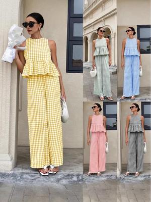 2026 Europe Casual Round Neck Sleeveless Ruffle Hem Top & High Waist Straight Long Pants