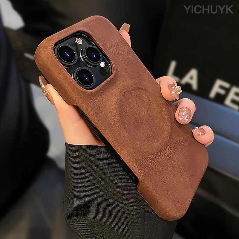 Magsafe Wireless Charging Retro Leather Phone Case For iPhone 16 12 13 14 15 16 Pro Max Plus Magnetic Bumper Cases Cover
