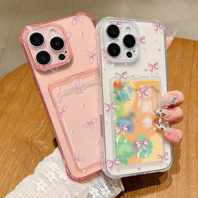 Rosa sløyfeknute-trykk Klar Myk Silikon Telefondeksel For iPhone 16 15 Pro Max 14 Pro 13 12 11 Kortspor Støtsikker Slank Gjennomsiktig Bumperdeksel