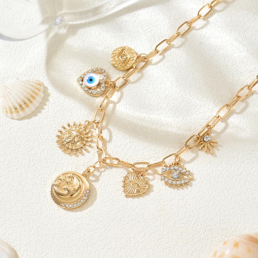 Devil Eye Heart Chain Necklace With Alloy Pendant And Geometric Star Design For Girls