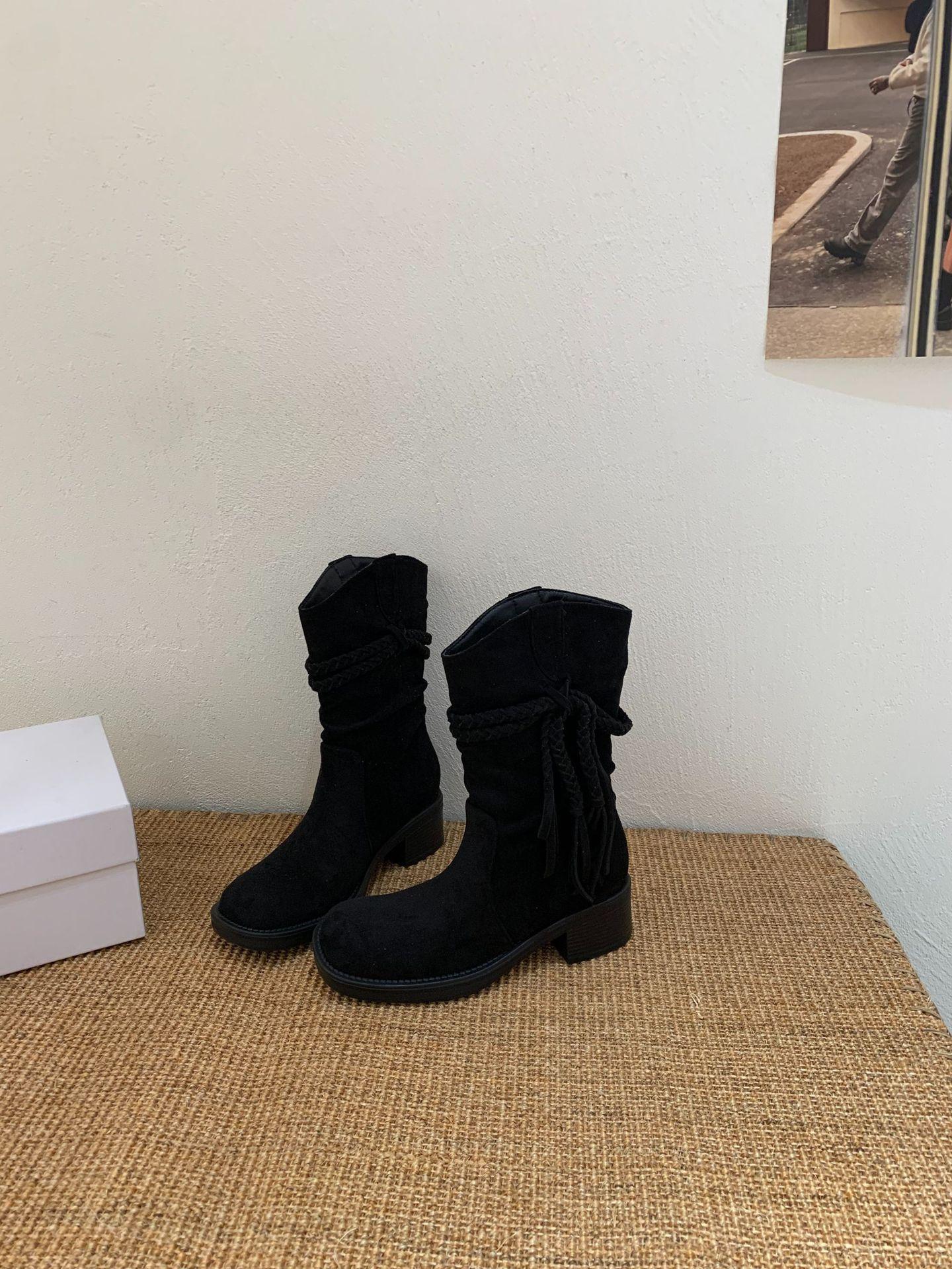 

Grape mother of the same style, height increased by 5cm~ wasteland wind fringed braided belt thick heel pile medium and high boots women s Egyptian 39 чёрный