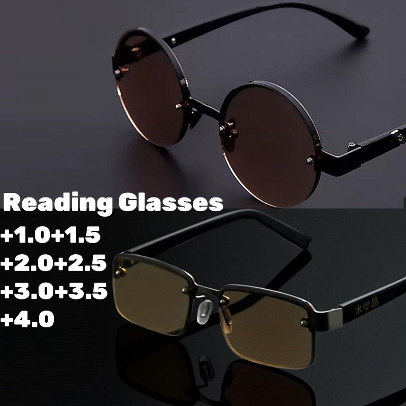 Fashion Round and Square Crystal Frame Reading Glasses Men's HD Lens Presbyopia Eyeglasses Retro Anti Fatigue Eyewear +2.0+3.0