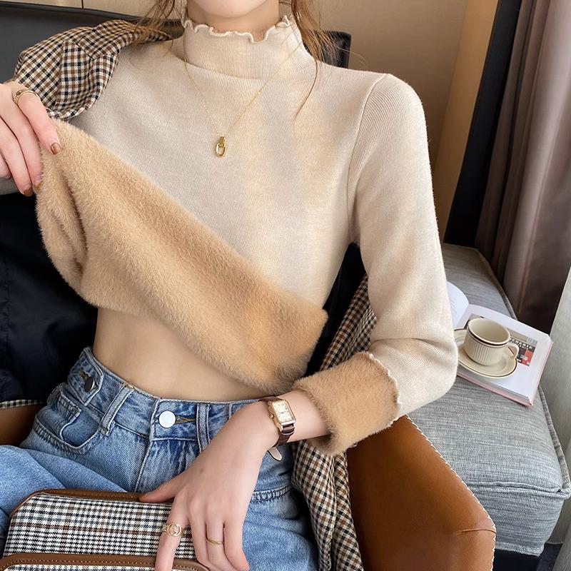 Women's Fleece-Lined Slim-Fit Pullover Sweater: Half-High Collar, Autumn/Winter Base Layer, Hot Item