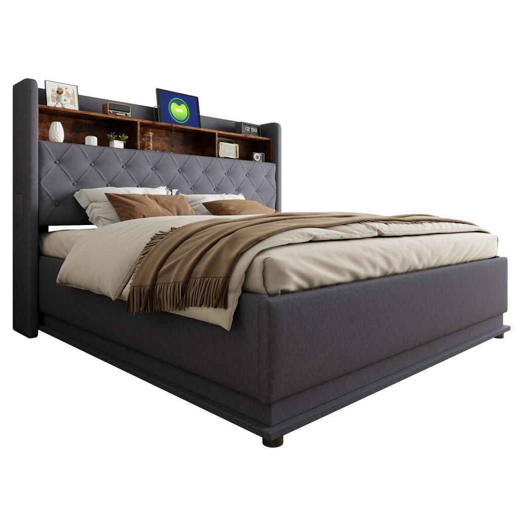 LED Upholstered Bed 180 x 200 cm, Upholstered Storage Bed with USB Charging Port and Hydraulic Storage, Skin-friendly Linen Fabric, Grey