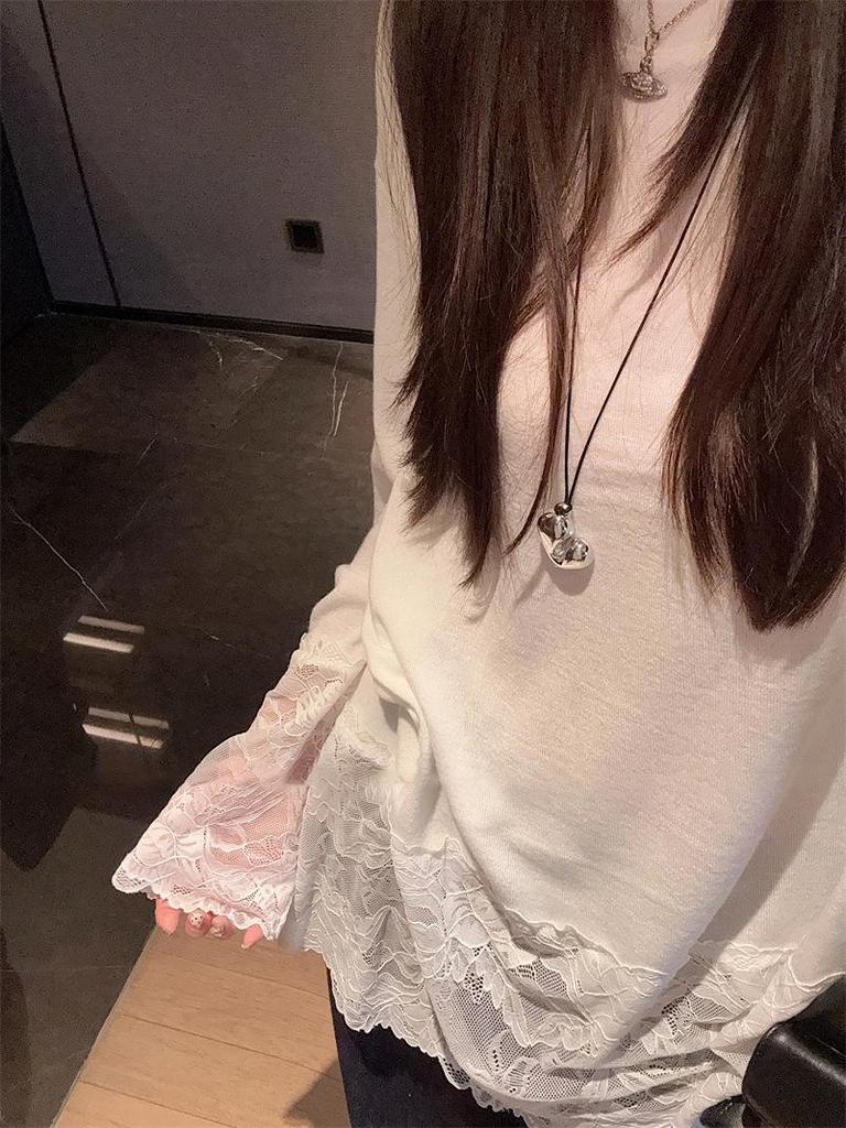 Korean Style Lace Crochet Patchwork Long Sleeve T-Shirt for Women - 2025 Spring/Autumn Casual Sweet Base Layer Top