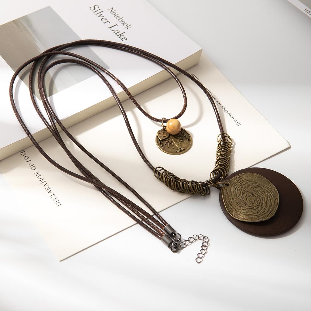 Mori Retro Ethnic Style Wooden Pendant Necklace Jewelry Bohemian Multi-Layer Stacked Long Necklace