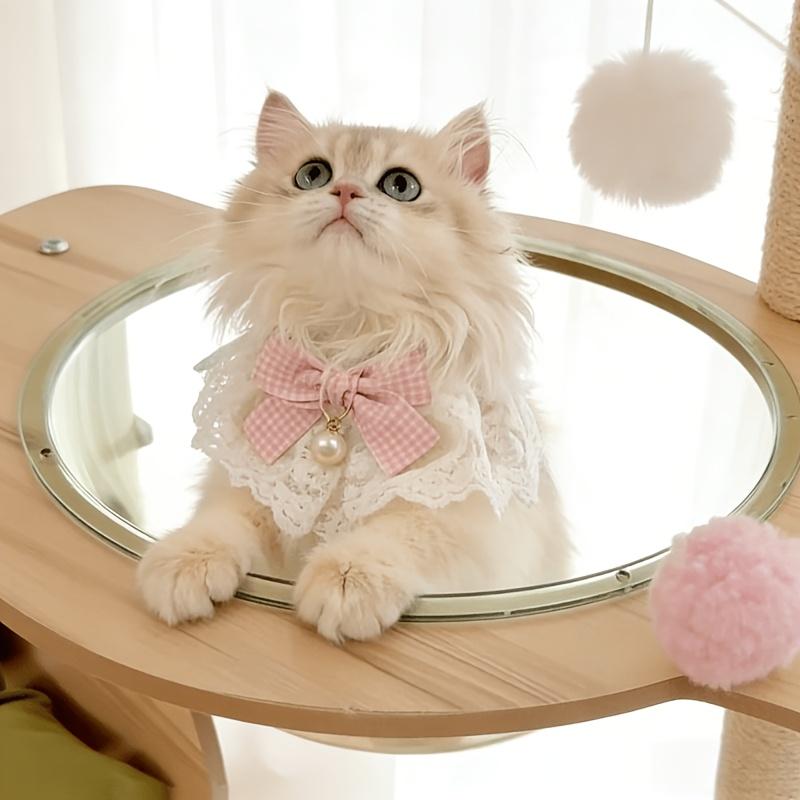 Pearl Bow Lace Pet Scarf, Checkered Adjustable Collar for Cats & Dogs, Party Photo Accessory