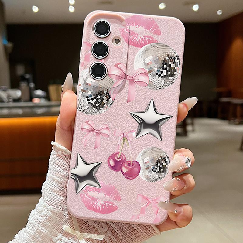 Cherry Bowknots Lips Disco Ball Pattern Case For Samsung Galaxy A57 A37 A17 A56 A36 A26 A16 A55 A35 A15 A54 A34 A14 5G Leather Texture Silicone Cover