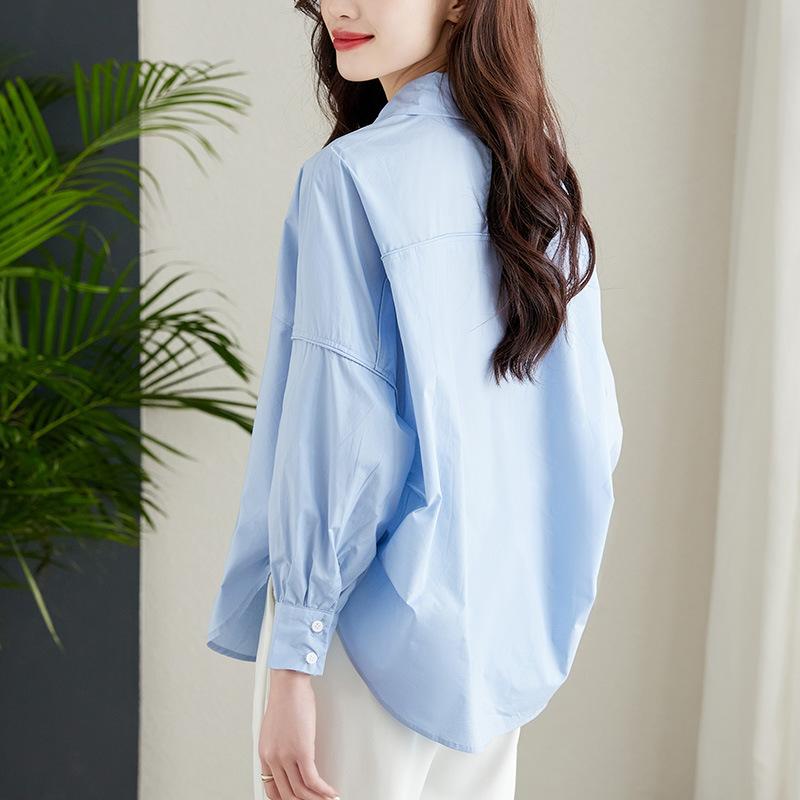 Blue Lantern Sleeve Design Shirt Women's Long-sleeved Spring Loose Casual Top Fashionable Chic Shirt