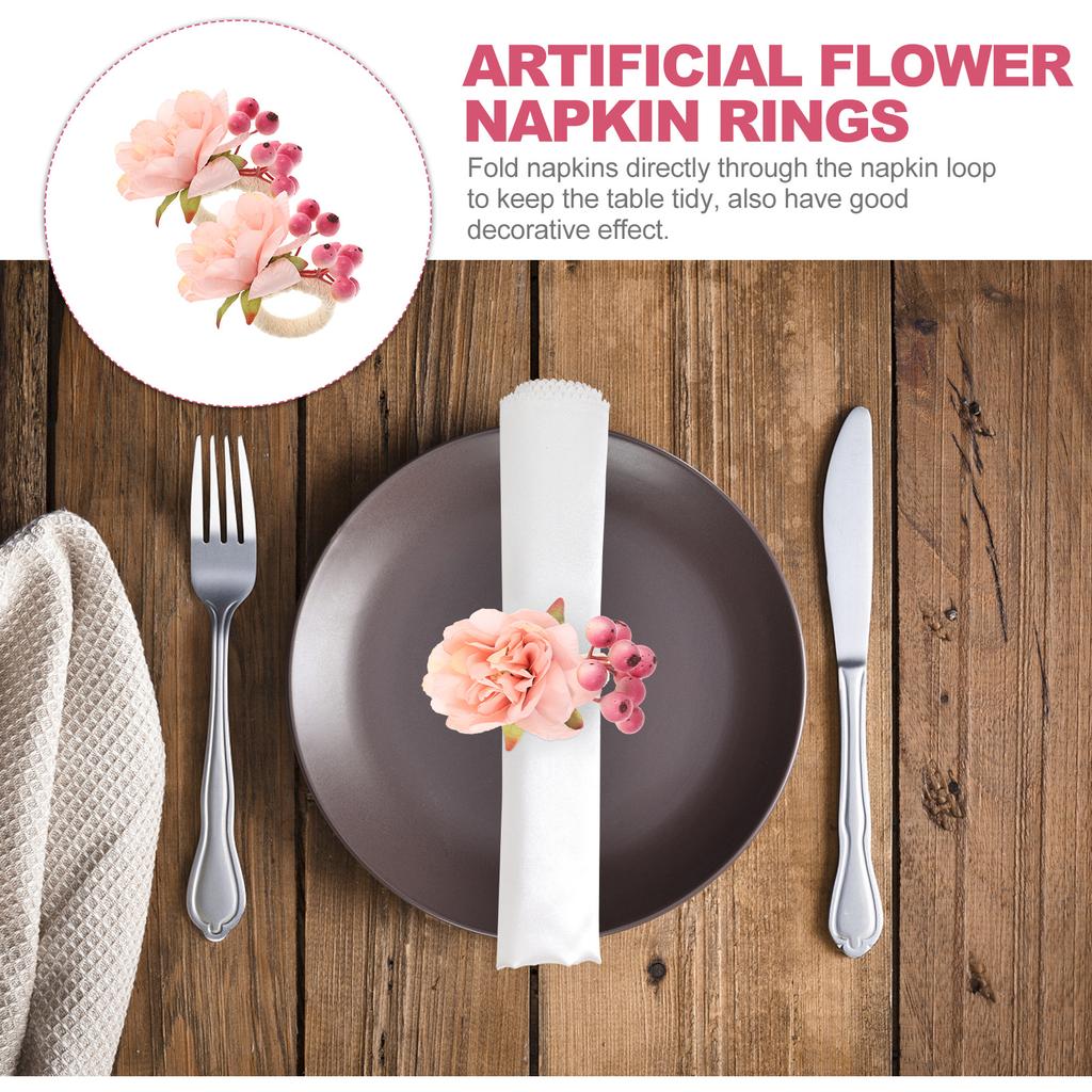 2pcs Rings Flower Napkin Holder Decorative Table Napkin Buckle For Dining Wedding Party Hotel Use Artificial Peach Blossom