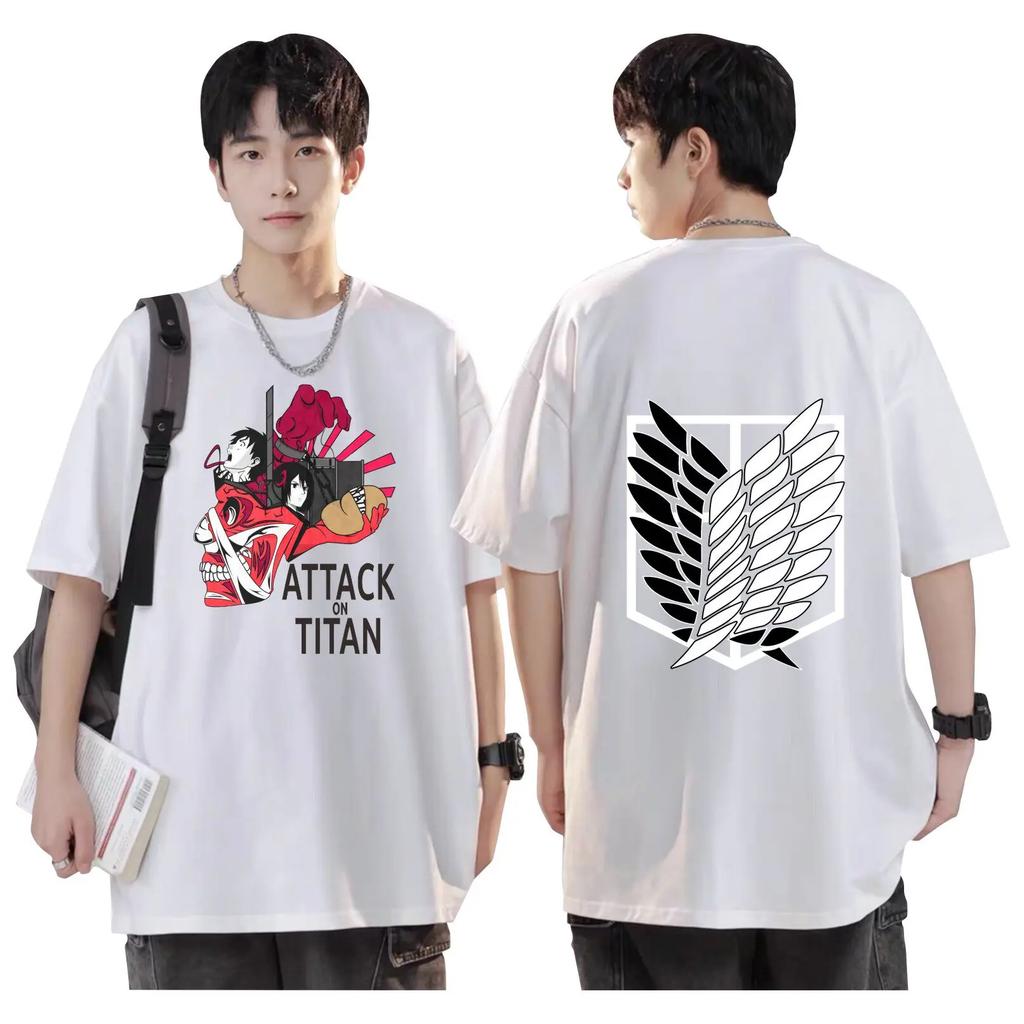 Patterned printed T-shirt with "Attack on Titan" cartoon design - pure cotton men and women trendy and versatile for the street