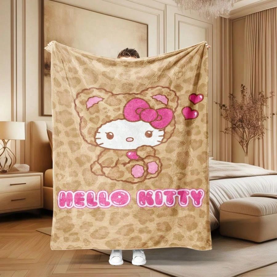 

1pc Sanrio Hello Kitty Flannel Blanket - 2D Single-Sided Print, Brown Leopard Pattern, Bedroom Living Room Camping Throw, Perfec 75cmx90cm