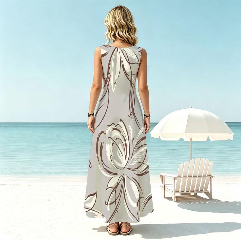 Women Bohemian Floral Sleeveless Summer Dress,Lightweight Flowy Skirt,Elegant Large Print,Beach Vacation,Casual Outings,Summer Parties