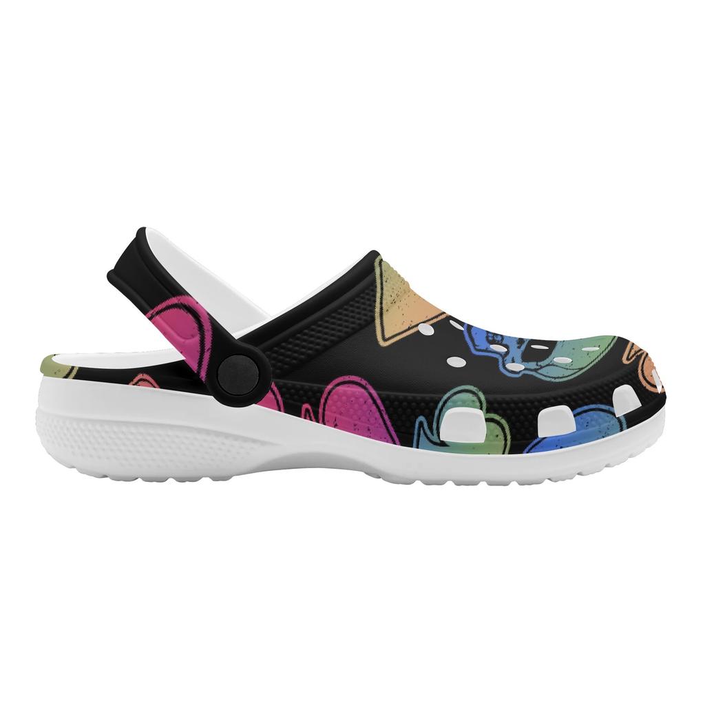 White EVA Clogs with Neon Heart Print, Lightweight Slip On Garden Shoes, Breathable Beach Sandals, Indoor Outdoor Slippers for Men Women