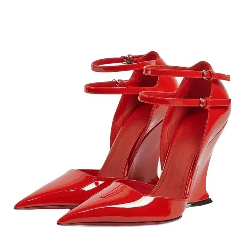 Fashion Elegant Red Patent Leather Wedges High Heels Women Sexy  Pointed Toe Pumps Fashion Double Buckle Strap Ladies Party Dress Shoes