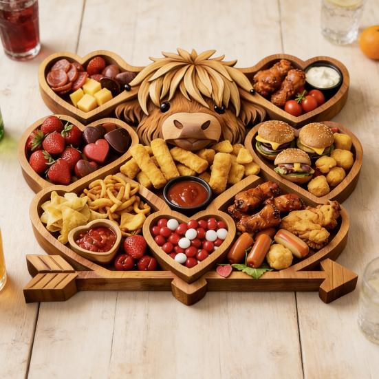 Highland Koe Charcuterieplank Rustieke Serveerplank met Compartimenten Houten Schaal voor Kaas Fruit Snacks Feest
