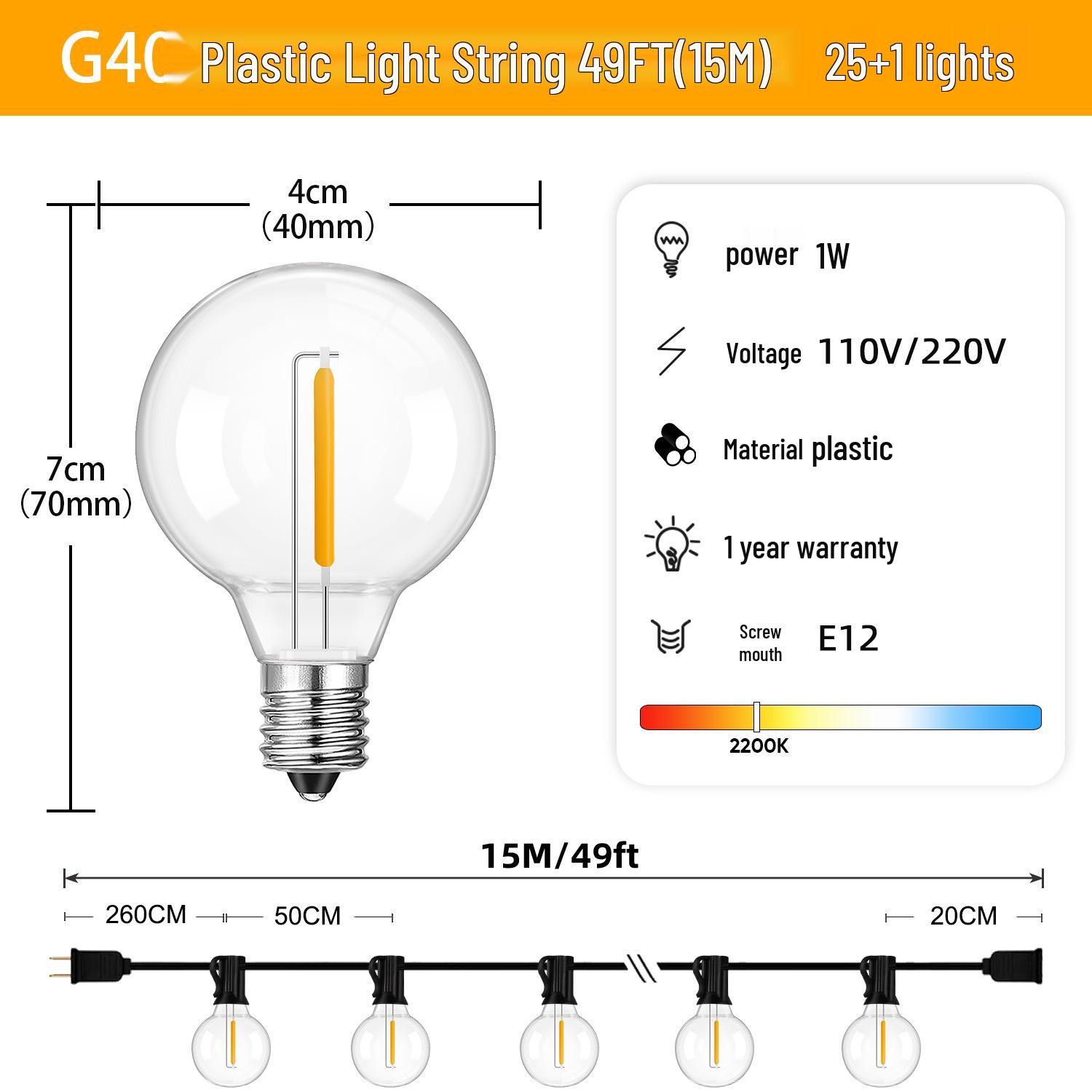 

Водонепроницаемые уличные гирлянды G40 - Идеально подходят для кемпинга, украшения двора и создания рождественской атмосферы EU Standard - 220V