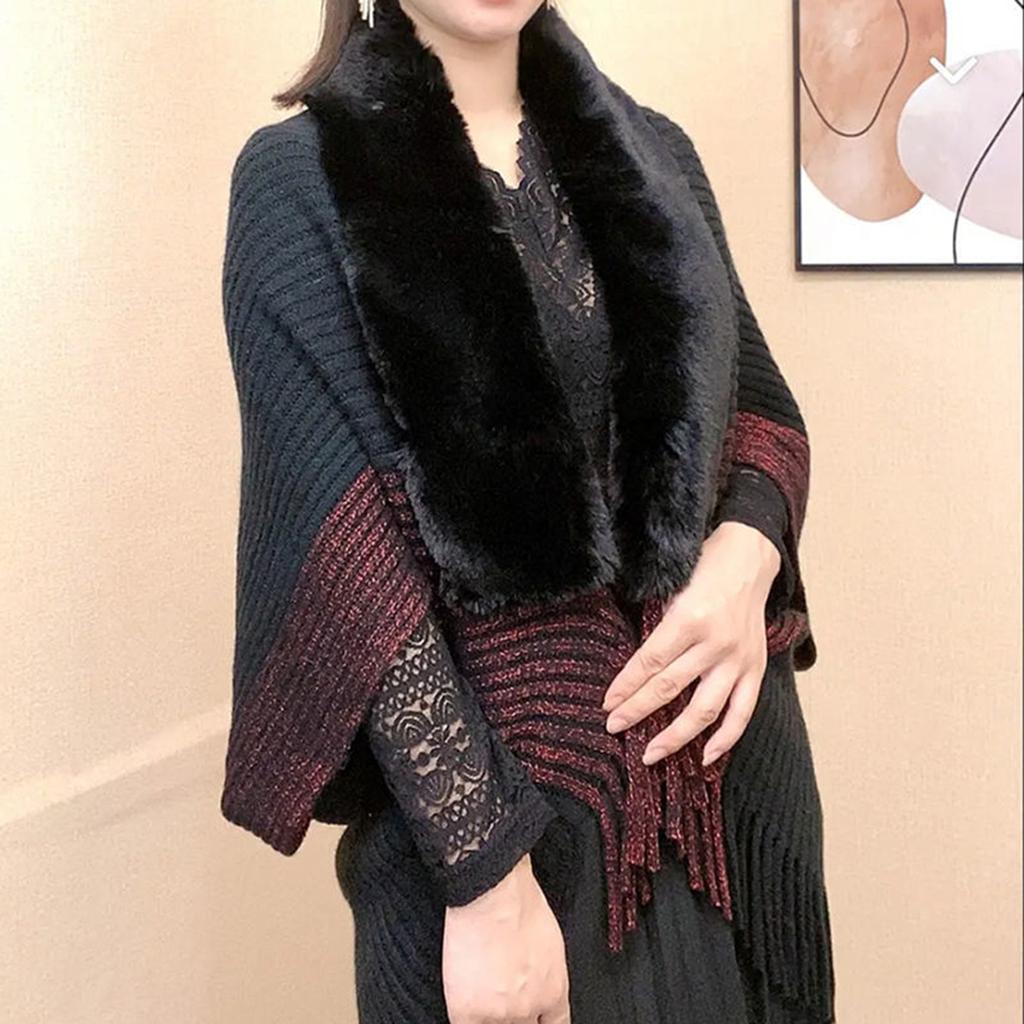 Winter  Women'S Fur Collar Shawl Premium Quality Heavy Thick Knitting Shawl Luxury Designers Scarf Tassels Stoles