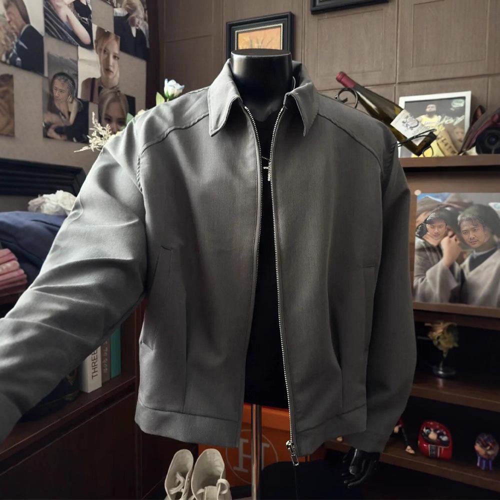 American Retro Gray Padded Shoulder Men's Boxy Baseball Jacket - Autumn Executive Style