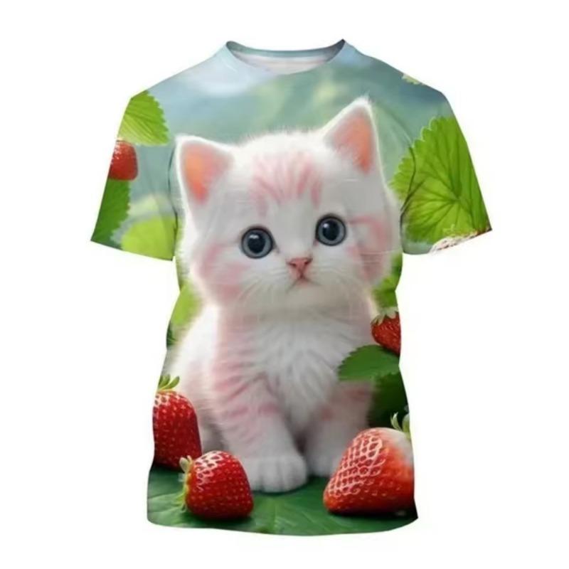 Fashion Korean Kids Clothes Cute Cat Print Tees Children's T-Shirt Girls Summer Clothes Kawaii Crew Neck Junior Girls' Clothing