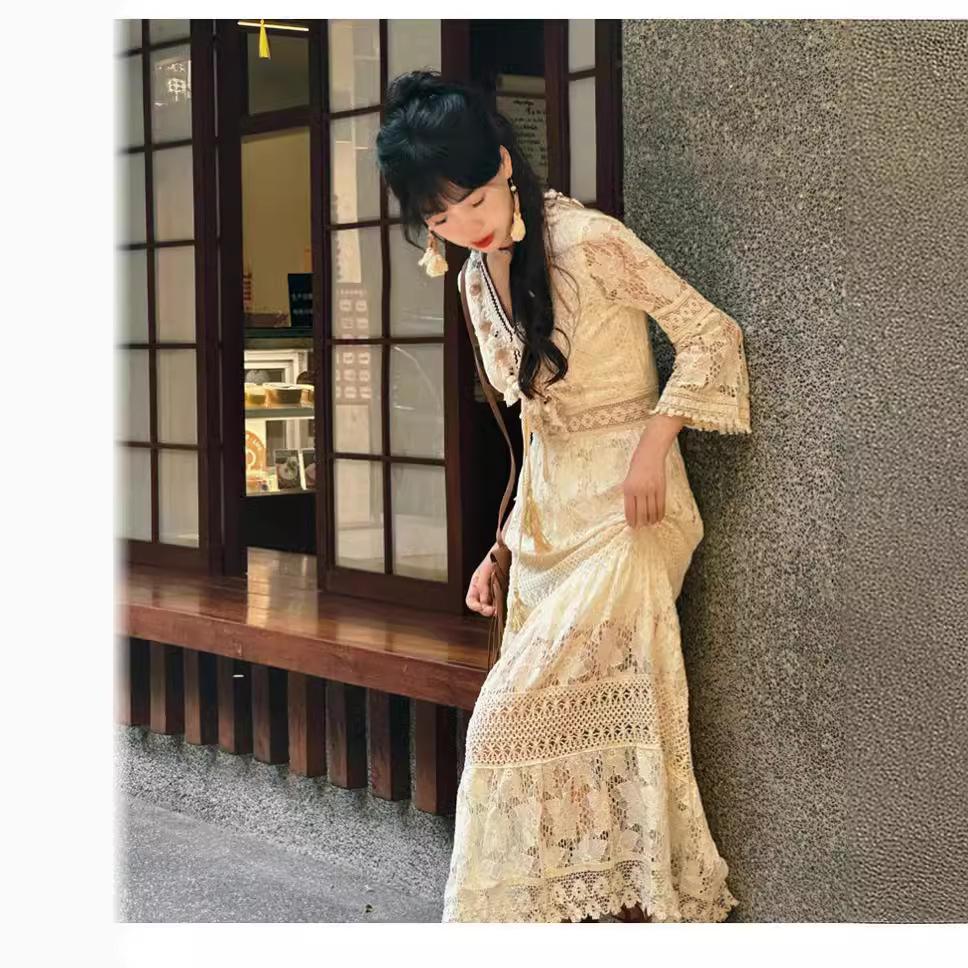 New slimming Bohemian fringe lace vacation style high-waisted slimming apricot long dress is super fairy-tale
