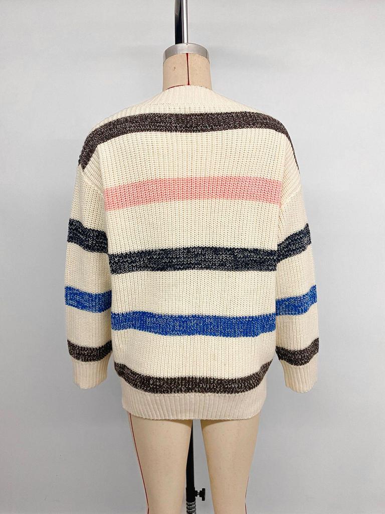 2025 Autumn/Winter Women's Loose Striped V-Neck Knit Sweater
