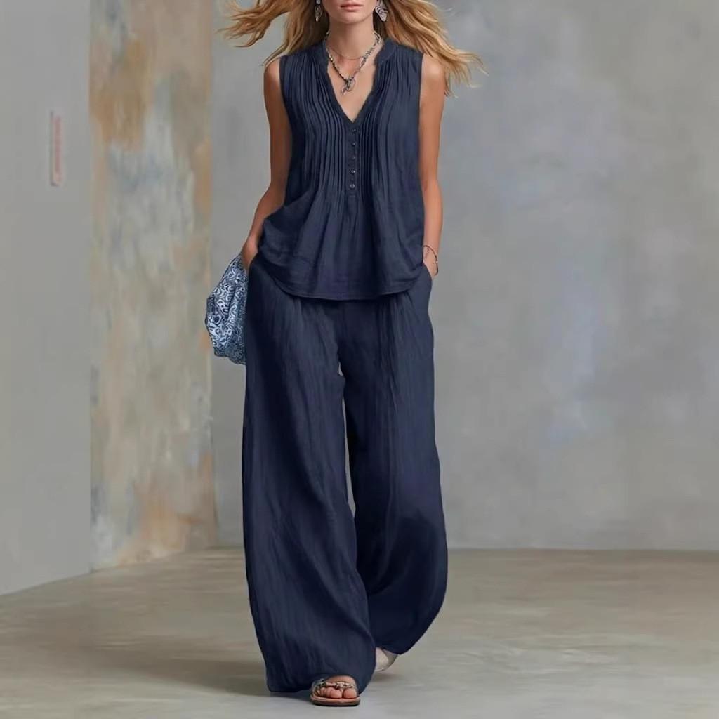 Casual Sleeveless Vneck Pants Set For Women With Polyester Splicing Style For Summer
