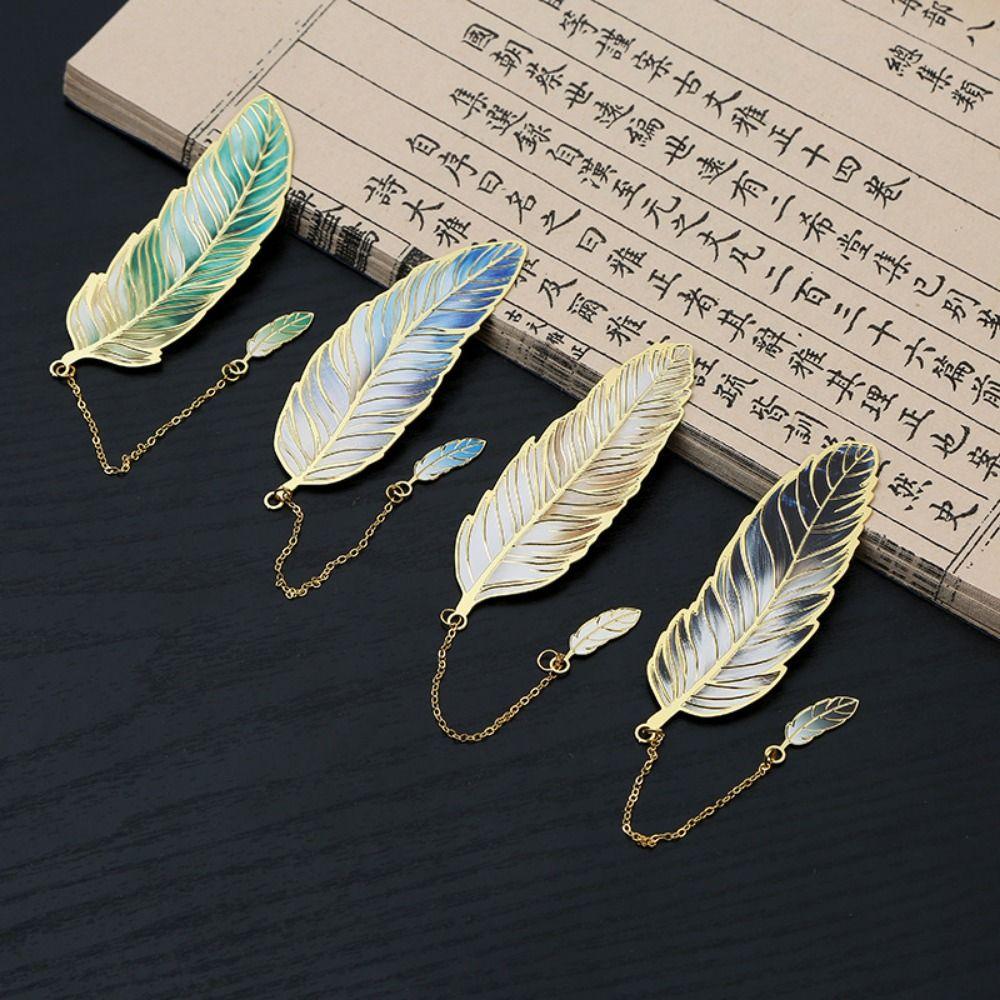 4Pcs Chinese Style Metal Feather Bookmark Vintage Decorative Bookmark Office Reading