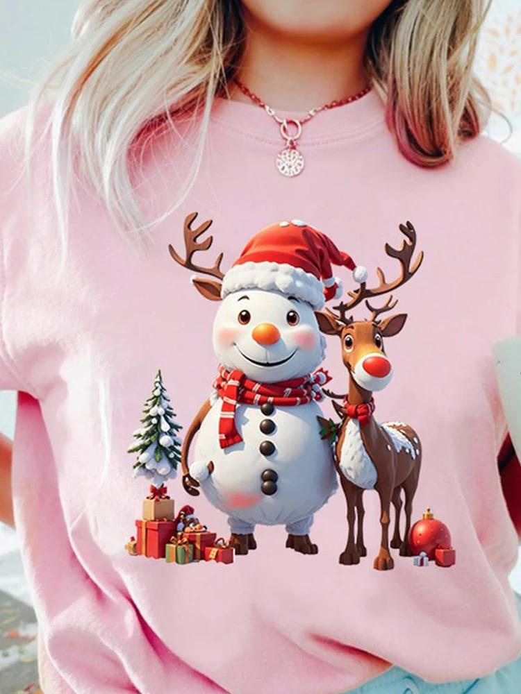 Christmas Women Casual T Shirt Cartoon Snowman Reindeer Christmas Tree Print Female Short Sleeve T-Shirt Suitable for All Season