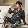 Faux Cotton Print Men's Pajamas Korean Ins Autumn Male Nightwear  Long Sleeve+pant Home Set