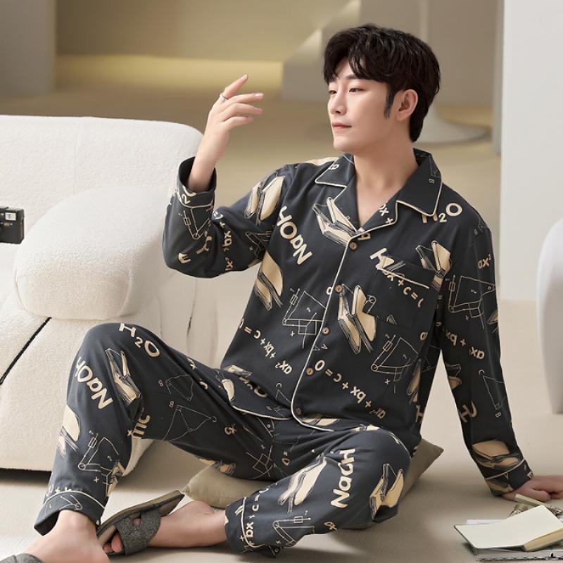 Plus Size Faux Cotton Print Men's Pajamas Korean Ins Autumn Y2k Male Nightwear